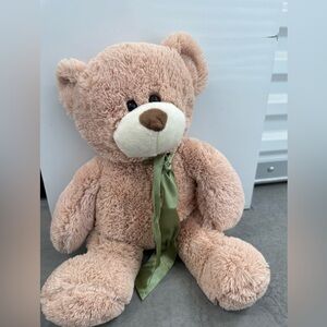 Plush Tan Teddy Bear with Green Ribbon